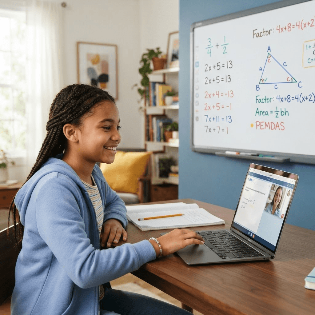 A smiling child learning math on a laptop, surrounded by fractions, shapes and numbers